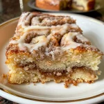 Close-up view of Cinnamon Roll Coffee Cake showcasing swirls of cinnamon and a golden crust.