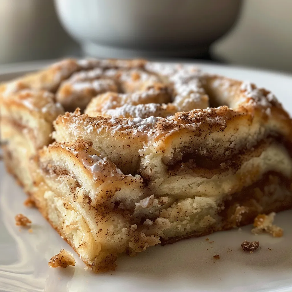 Side view of a delectable Cinnamon Roll Coffee Cake topped with creamy icing and cinnamon.