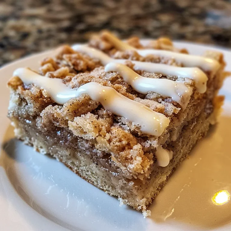 Close-up view of Cinnamon Roll Crumb Bars, showcasing their layered texture and crumbly topping.