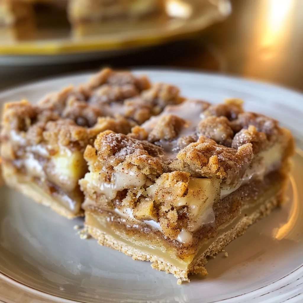 Side view of delicious Cinnamon Roll Crumb Bars, highlighting the rich ingredients and soft interior.