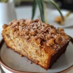 Close-up view of a cinnamon streusel loaf cake with a vanilla icing drizzle, showcasing its layers and texture.