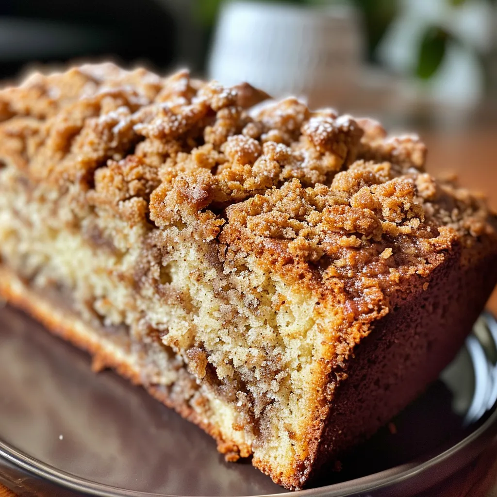 Side view of a deliciously moist cinnamon streusel loaf cake topped with a glossy vanilla glaze.