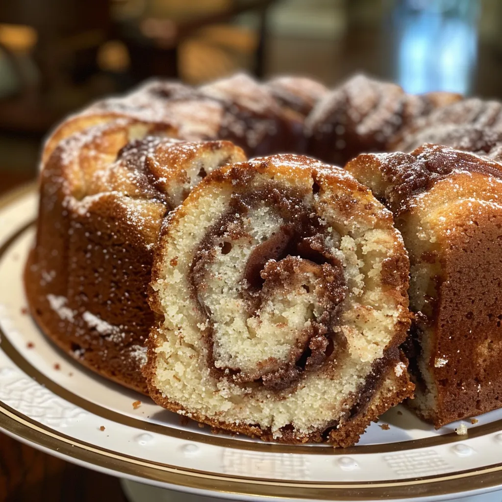 Close-up of a moist Cinnamon Swirl Pound Cake loaf, highlighting the texture and spiral patterns of cinnamon.