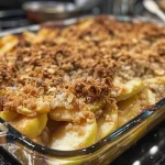Close-up view of a freshly baked Classic Apple Crumble with golden topping.