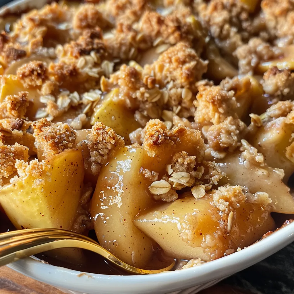 Side view of a warm, juicy Classic Apple Crumble served in a dish.