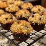 Close-up shot of a coconut chocolate chip muffin, showcasing its fluffy texture and chocolate chips.