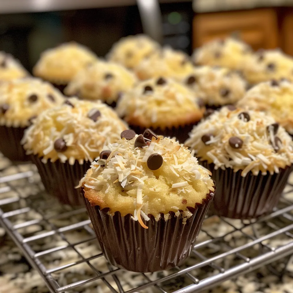 Side view of a delicious coconut chocolate chip muffin with visible chocolate chips and shredded coconut on top.
