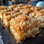 Close-up view of Coconut Crumble Bars displaying a golden crust and shredded coconut topping.