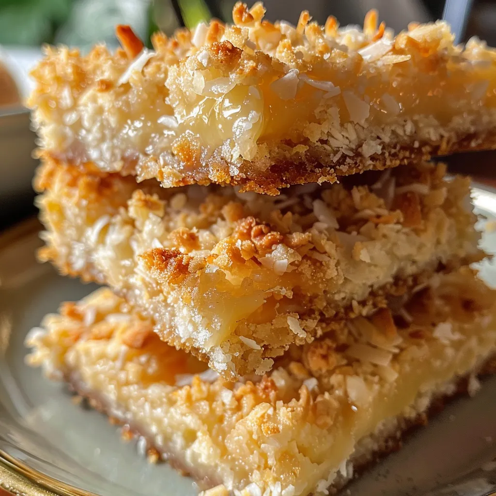 Side angle of Coconut Crumble Bars with a crumbly texture and visible macadamia nuts.