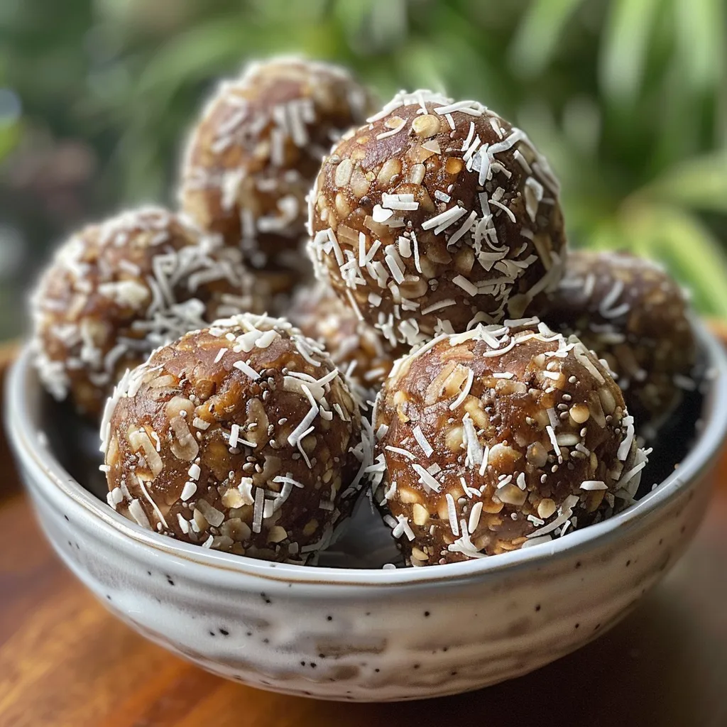 Side view of energy balls made with coconut and dates, highlighting their chewy texture.