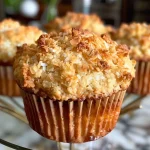 A close-up side view of a golden-brown coconut oat muffin with a sprinkle of coconut flakes on top.
