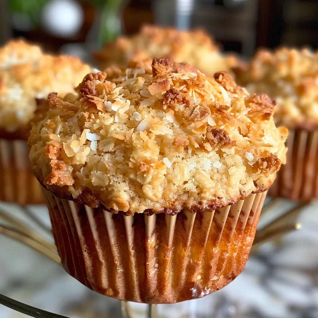 A close-up side view of a golden-brown coconut oat muffin with a sprinkle of coconut flakes on top.
