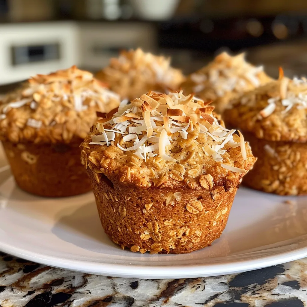 A juicy coconut oat muffin displayed from the side, showcasing its texture and coconut topping.