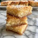 Close-up view of freshly baked Coconut Square Chewies with a golden-brown top.