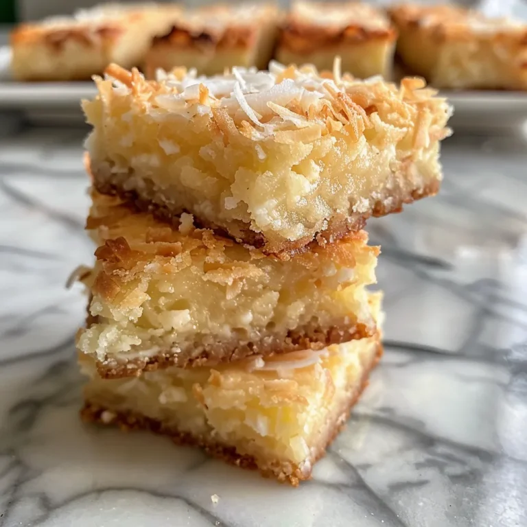 Close-up view of freshly baked Coconut Square Chewies with a golden-brown top.