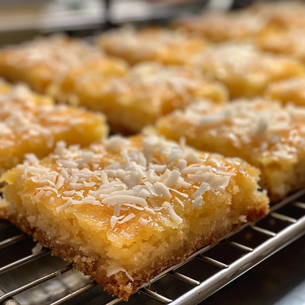 Side view of a stack of Coconut Square Chewies displaying their rich coconut texture.