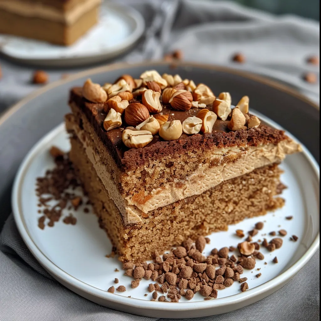 Side angle image of a Coffee Hazelnut Sponge Cake garnished with crushed hazelnuts, highlighting its rich frosting.