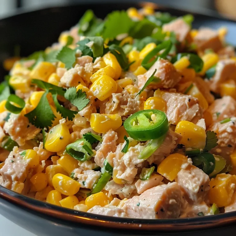 Close-up of a vibrant Corn Tuna Salad in a bowl, showing colorful ingredients.