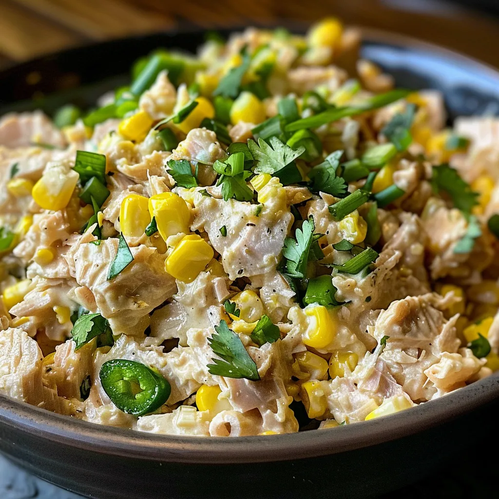 Side view of Corn Tuna Salad with fresh vegetables and creamy dressing, presented attractively.