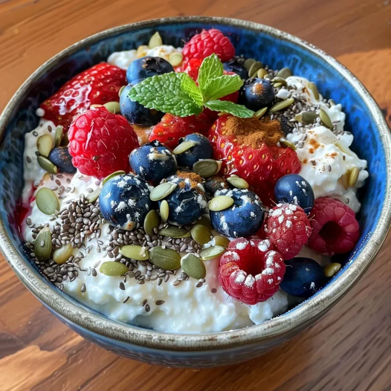 Whip Up Happiness: Your 5-Minute Cottage Cheese Berry Bowl Awaits! A close-up view of a colorful cottage cheese berry bowl with mixed fruits and seeds.