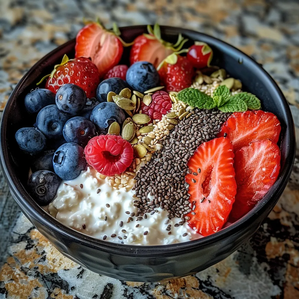 A side view of a cottage cheese bowl topped with fresh berries, seeds, and mint.