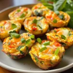 Close-up view of golden brown Cottage Cheese Egg Bites with visible bell peppers and spinach.