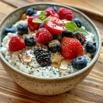A close-up side view of a bowl filled with creamy cottage cheese topped with an assortment of fresh berries.