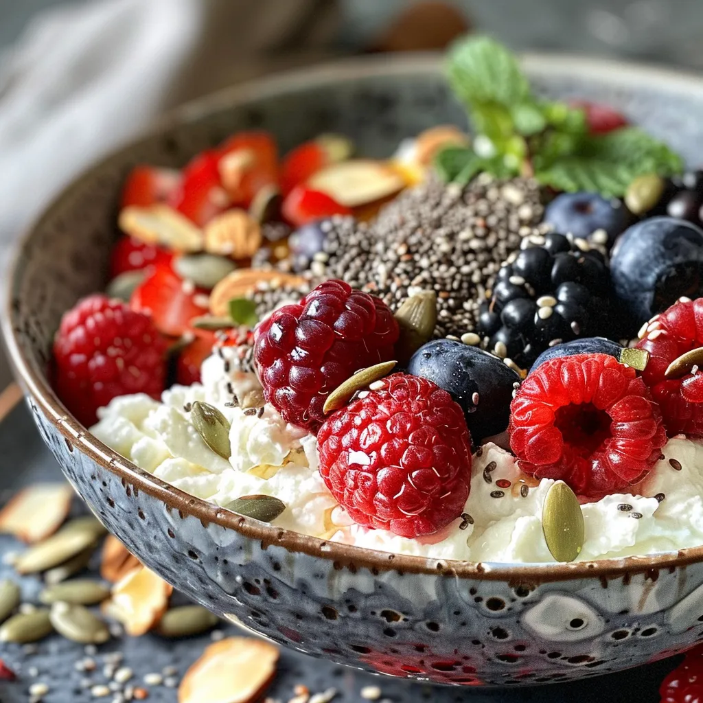A vibrant mix of red and blue berries layered over a smooth cottage cheese base in a bowl.