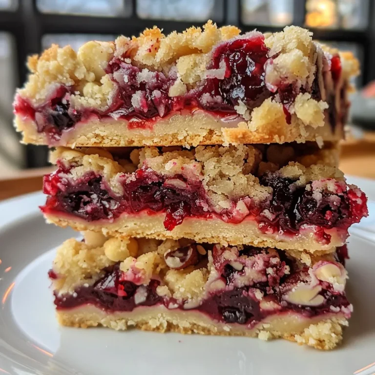 Close-up view of cranberry white chocolate crumb bars with a crumbly top and luscious filling.