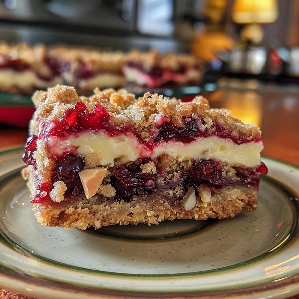 Side view of a slice of cranberry white chocolate crumb bars showcasing the layers and texture.