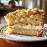Close-up of a slice of Cream Cheese Crumb Cake showcasing crumbly topping.