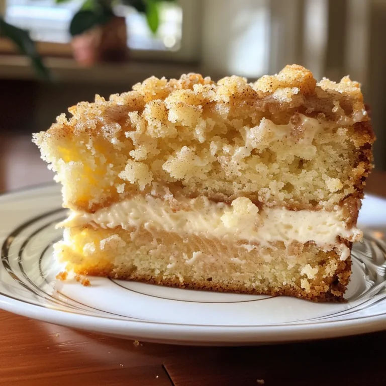 Close-up of a slice of Cream Cheese Crumb Cake showcasing crumbly topping.