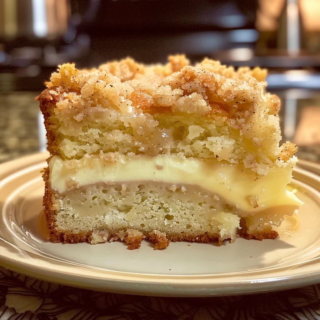 Side view of moist Cream Cheese Crumb Cake, highlighting its creamy filling and crumbs.