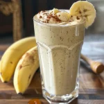 A creamy smoothie in a glass, garnished with banana and apple slices.