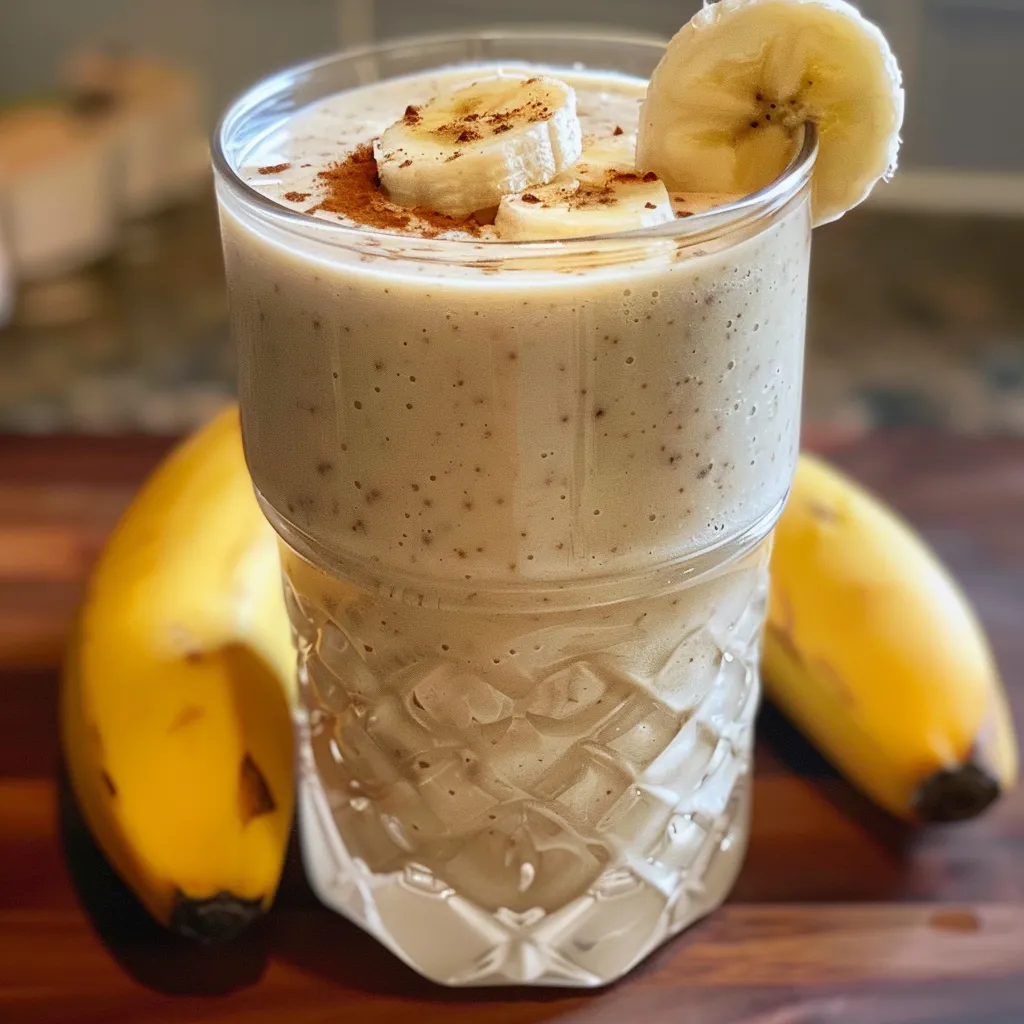 A vibrant apple banana smoothie displayed in a clear glass, side view.