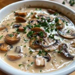 A close-up view of a bowl of creamy autumn mushroom soup, garnished with fresh parsley.