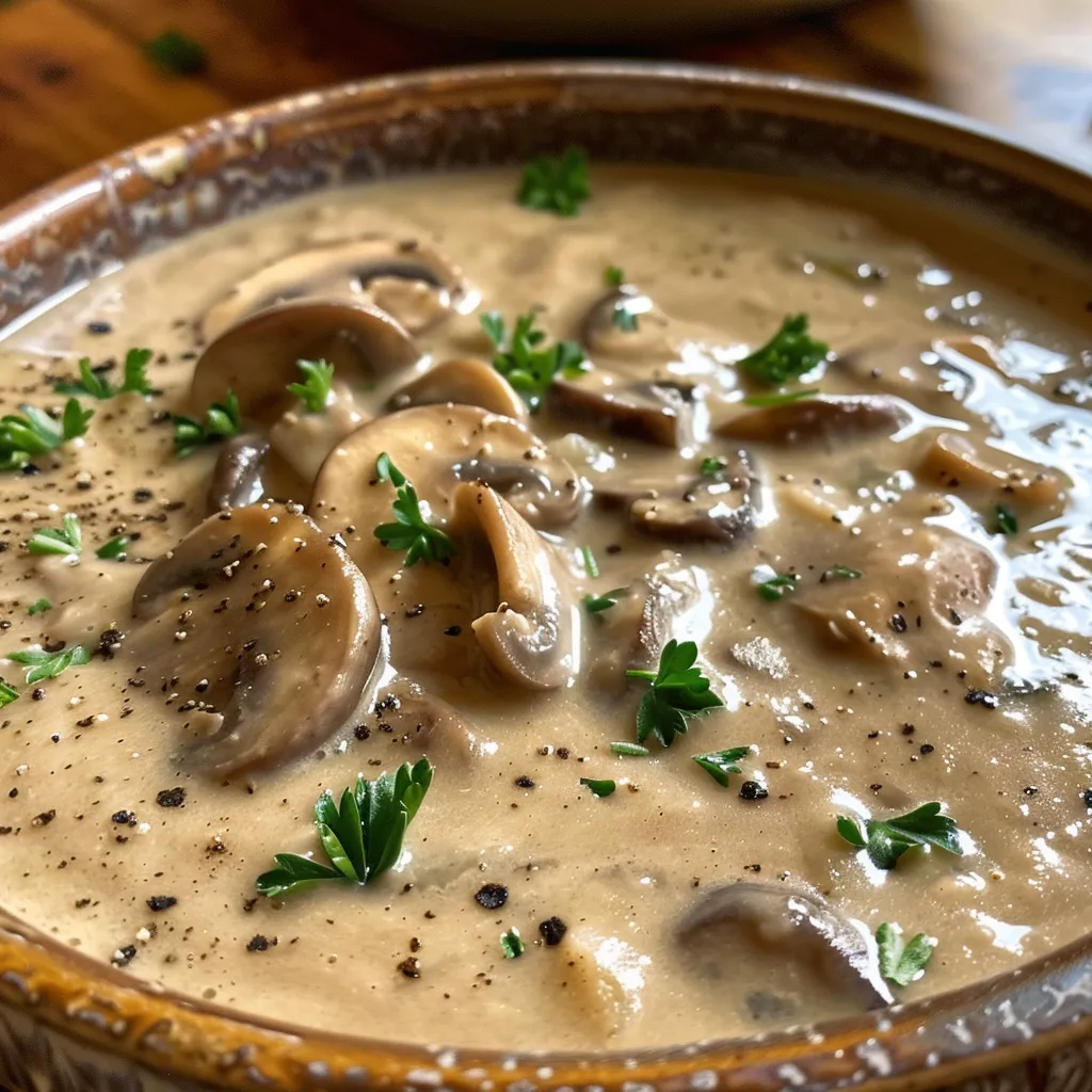 A side profile of creamy mushroom soup, showcasing a blend of mushrooms and garnished with herbs.