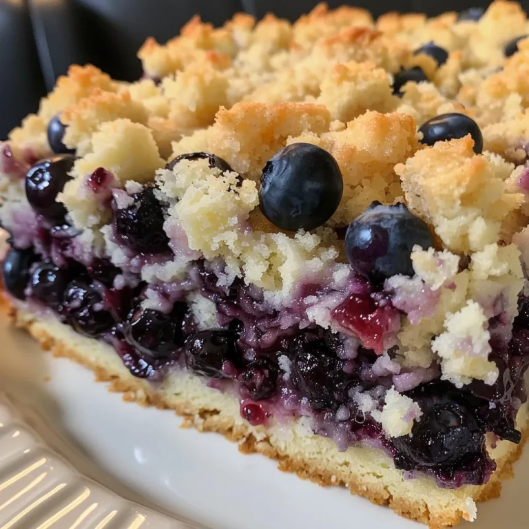 Baking Bliss: Whip Up This Irresistible Creamy Blueberry Cream Cheese Crumb Cake! Close-up side view of a creamy blueberry cream cheese crumb cake with a golden streusel topping.