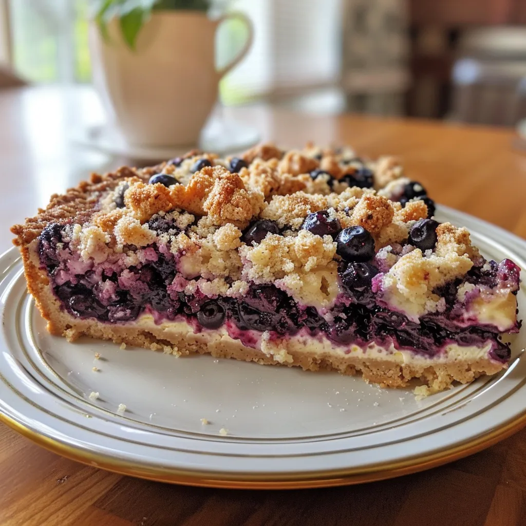 A delicious slice of blueberry cream cheese crumb cake showing the juicy blueberries and crumbly topping.