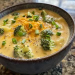 Close-up view of creamy broccoli potato soup with a garnish of green onions.