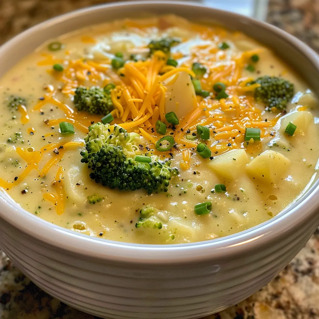 Side view of a bowl filled with steaming creamy broccoli potato soup, showcasing its rich texture.