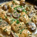 Close-up view of a creamy chicken mushroom dish with visible herbs.