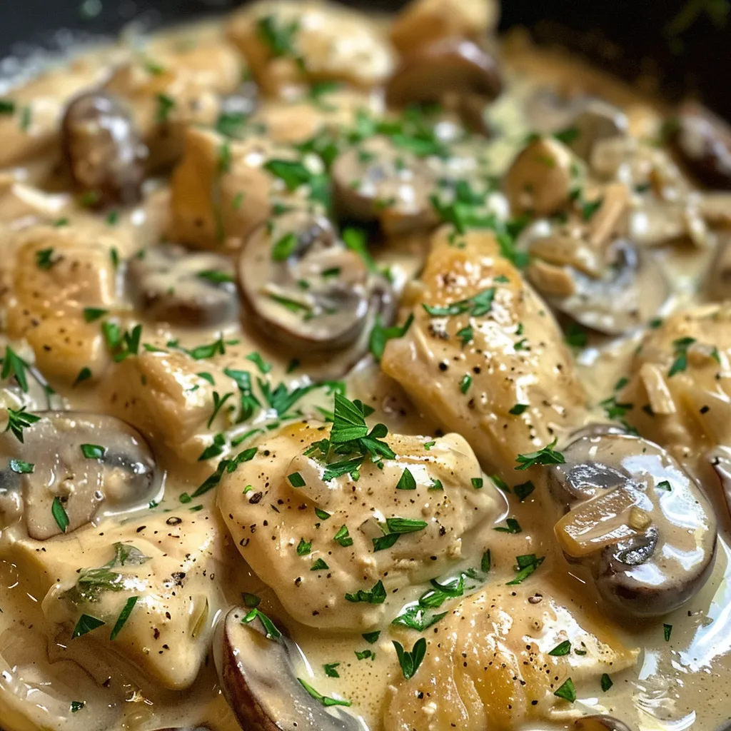 Close-up view of a creamy chicken mushroom dish with visible herbs.