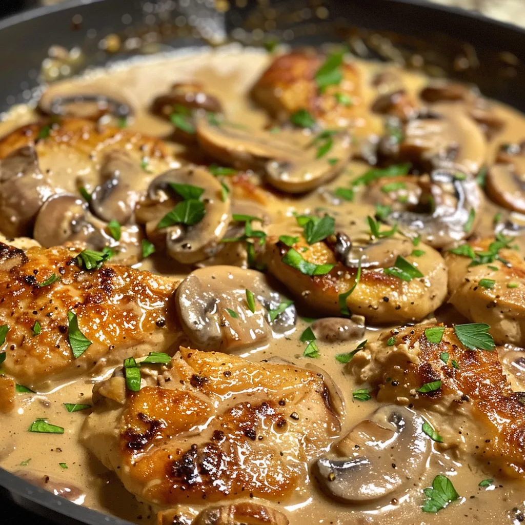 Juicy chicken breasts in a rich mushroom sauce, garnished with parsley.