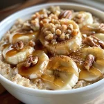 A close-up view of creamy cinnamon roll oatmeal topped with pecans and banana.