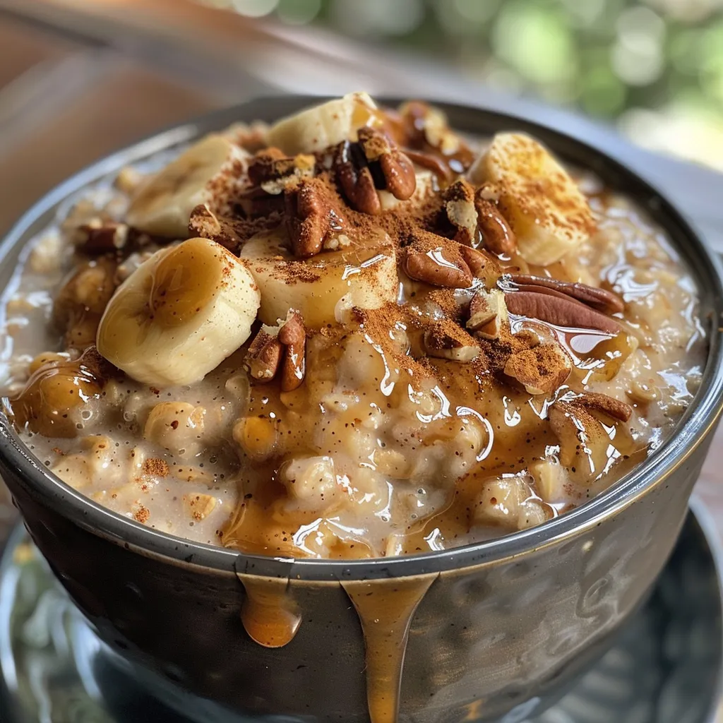 Side view of a bowl of oatmeal decorated with a cream cheese drizzle and raisins.