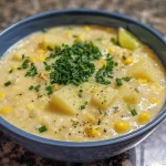 Close-up view of creamy corn soup garnished with chives and lime wedges.