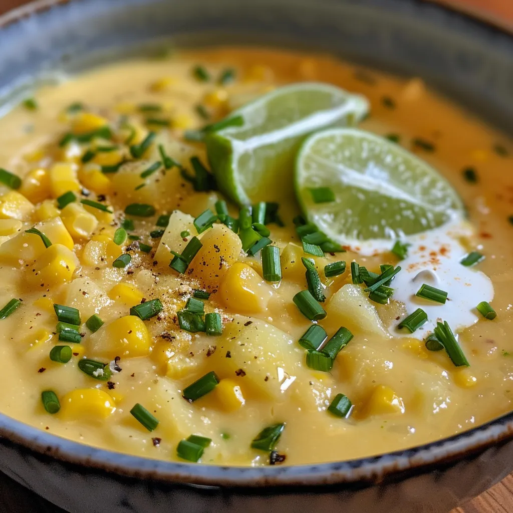 Side view of a bowl filled with thick, yellow creamy corn soup topped with herbs.