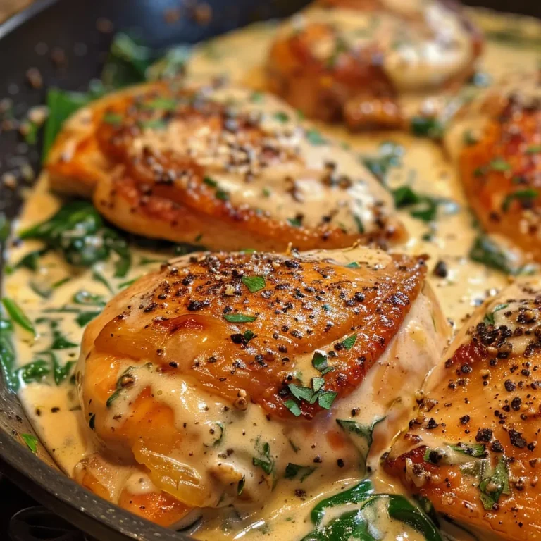 Close-up of creamy garlic chicken with vibrant spinach, plated elegantly.