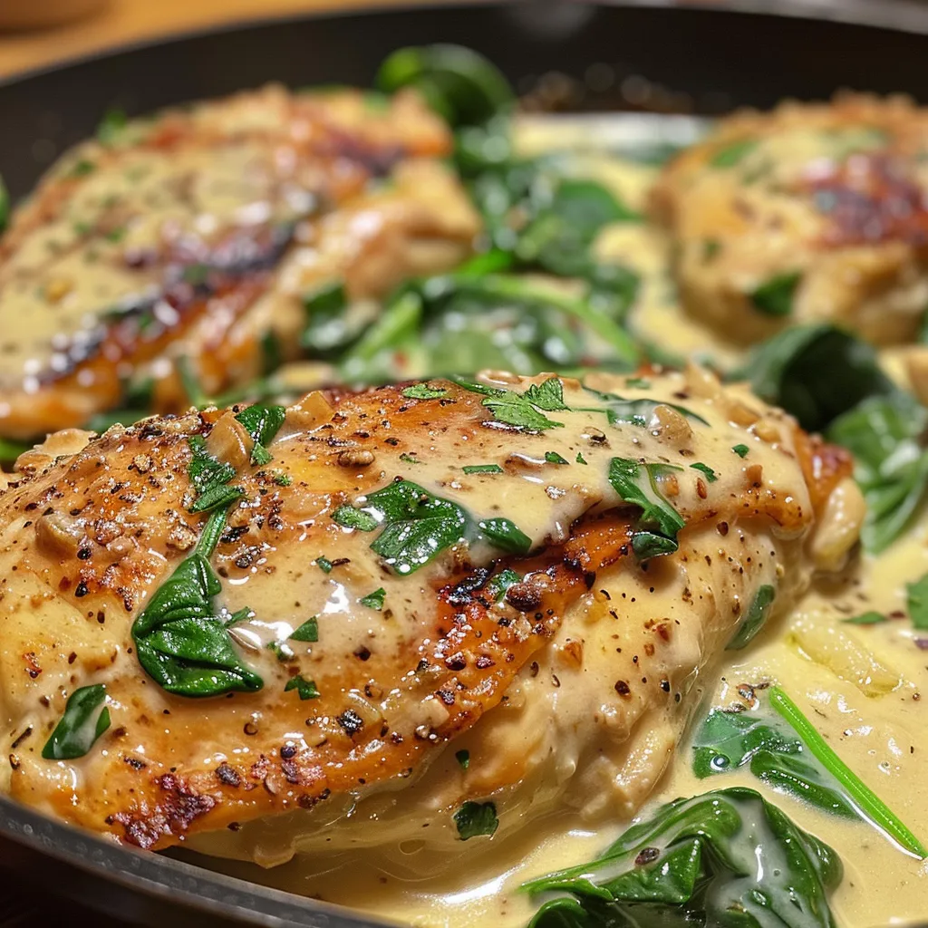 Juicy chicken breasts in creamy sauce with fresh spinach, photographed from the side.